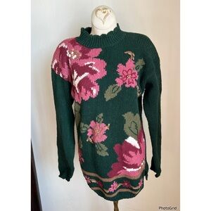 Vintage VTG Capacity Green Floral Knit Cardigan Mock Neck Sweater petite medium